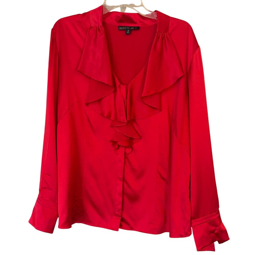 Lafayette 148 New York Womens Size 14 Red 100% Silk Ruffle Front Blouse